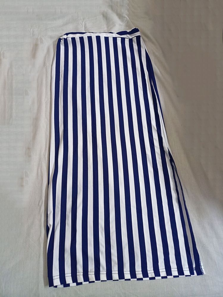 White &amp; Navy Blue Stripes Long Tight Skirt