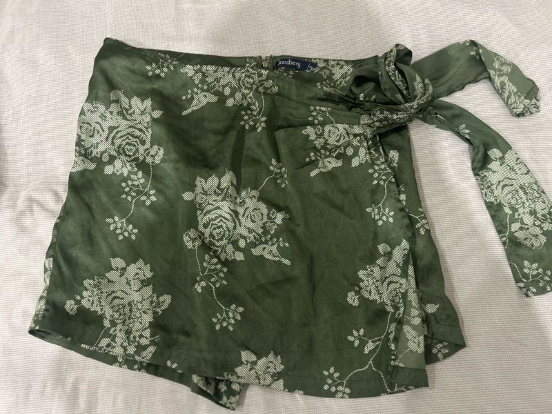 Green Floral Wrap Mini Skirt
