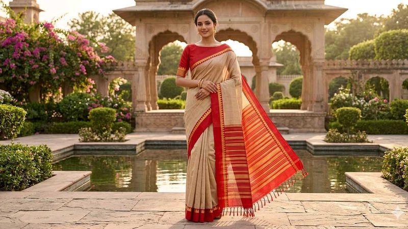 Cream saree with red border