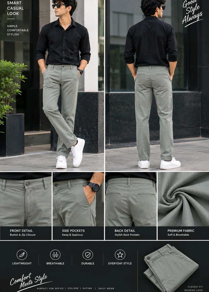 Premium Sage Grey Formal Pants for Men | Slim Stra