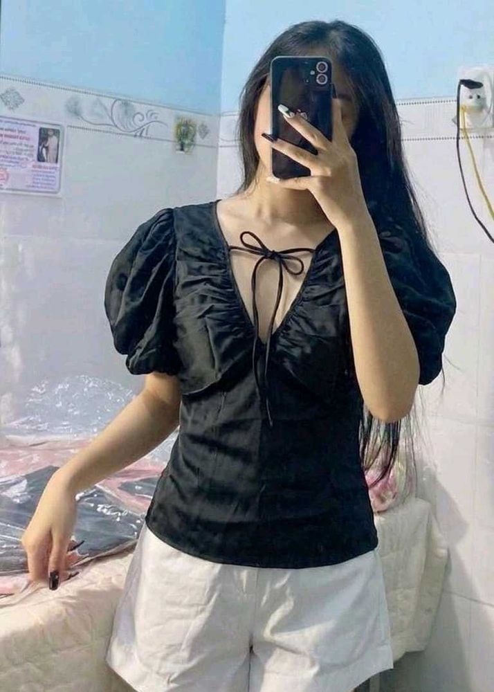 Black Puff Sleeve Tie-Front Top