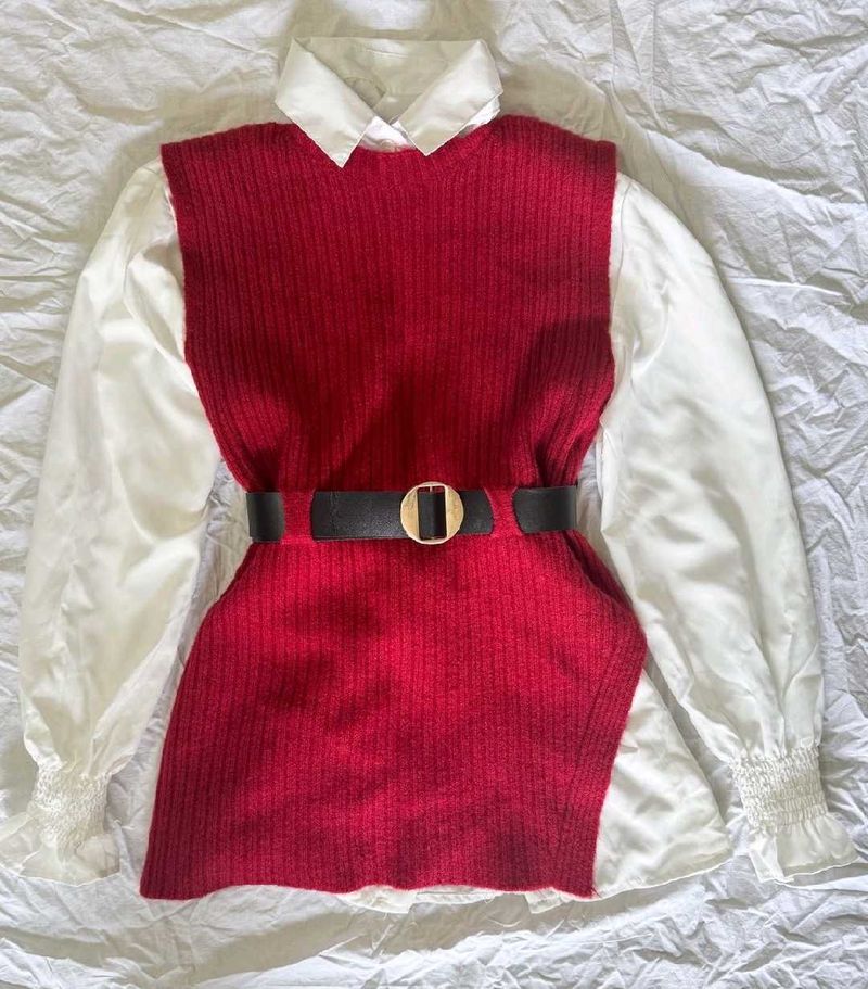 Alamode by akanksha Red Knit Vest With White shirt