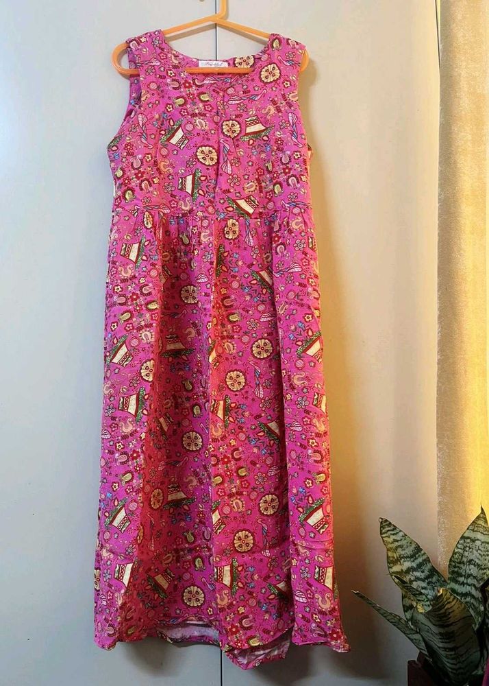 Pink Print Sleeveless Midi Dress