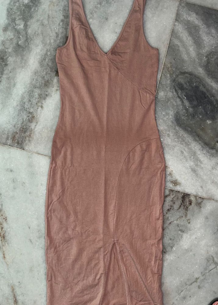 Nude V-Neck Midi Dress
