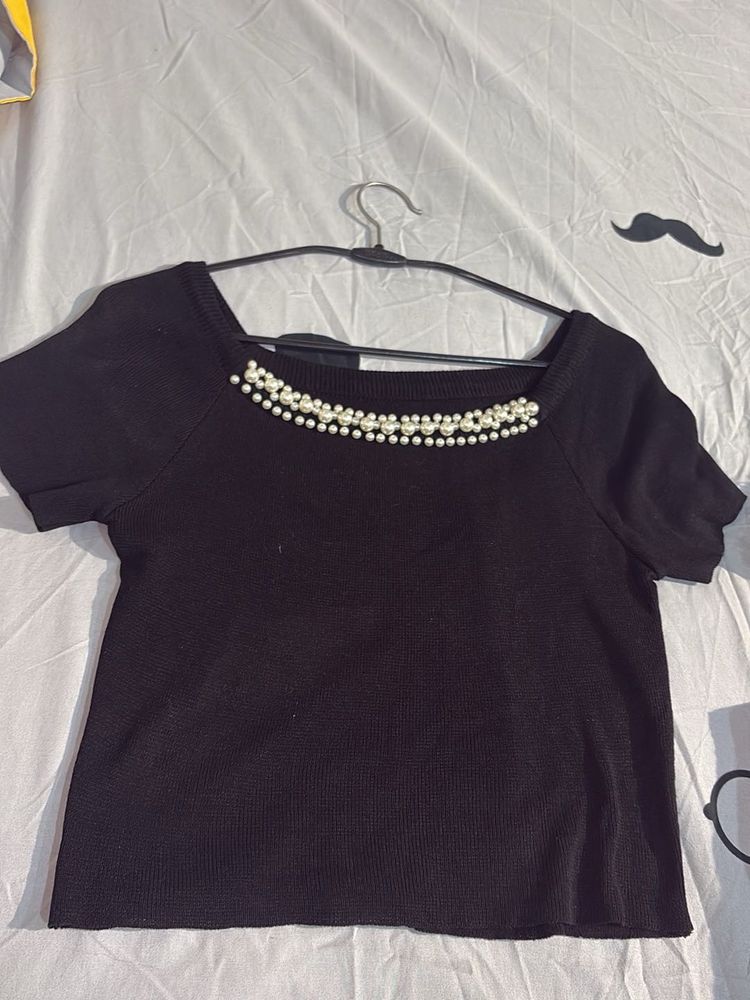 Chic Black Pearl Embellished Top