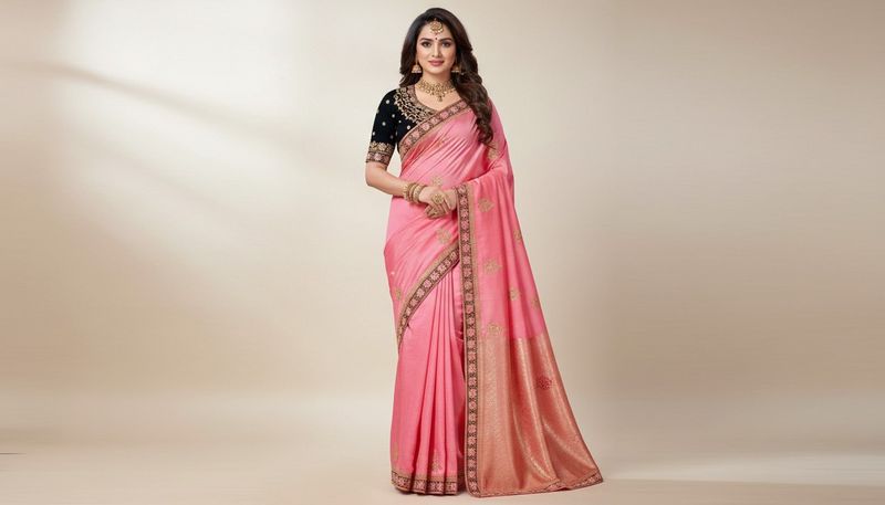 Pink Embroidered saree with sitchted blouse