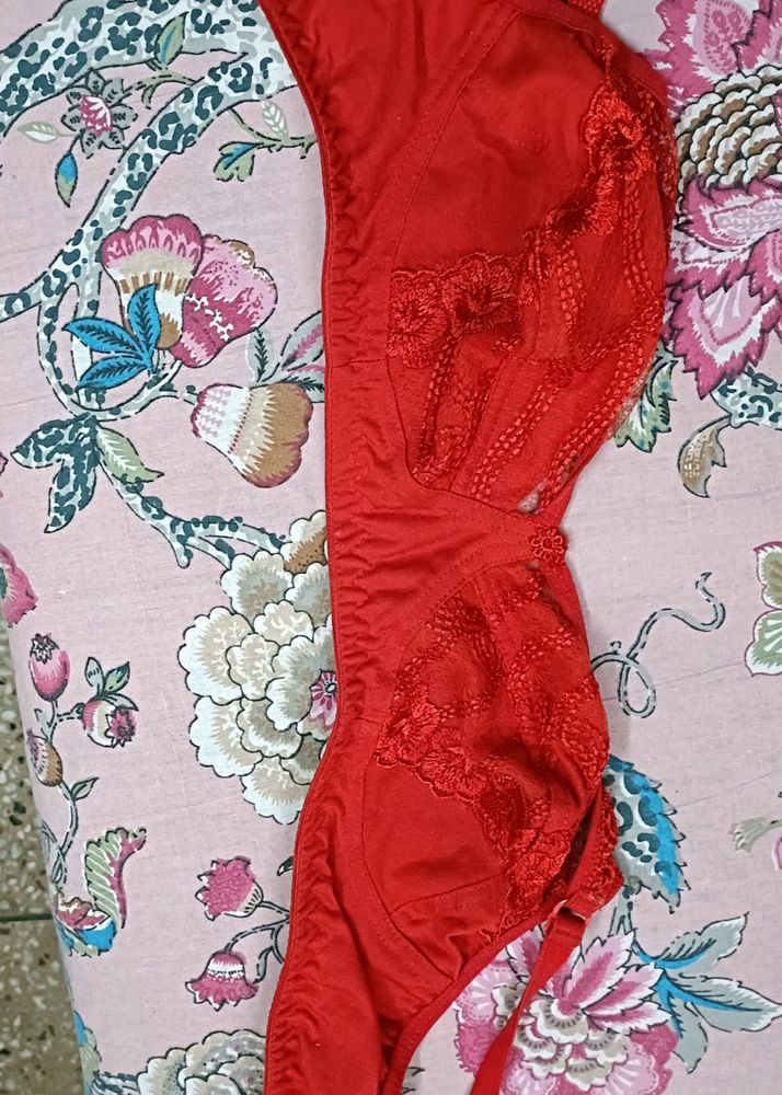 Red Cotton Self Printed Bralette
