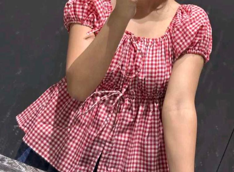 Red Gingham Puff Sleeve Top
