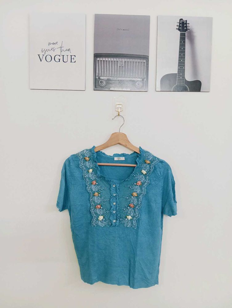 Blue Embroidered Boho Blouse