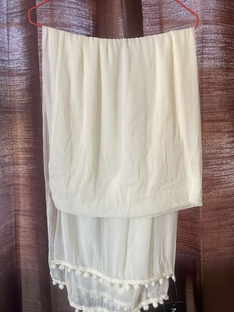 Sheer White Dupatta with Pom Poms