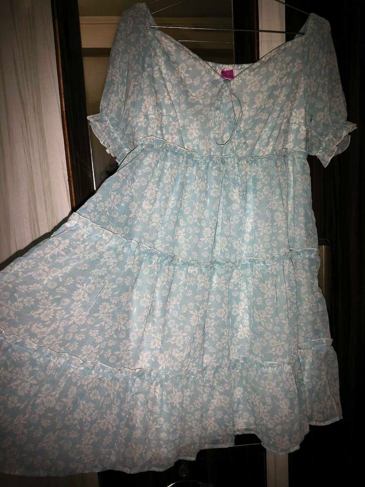 Chinese Light Blue Floral Tiered Dress