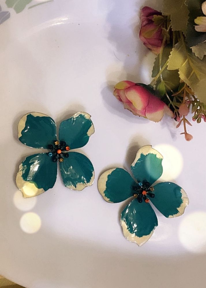 Teal Flower Earrings