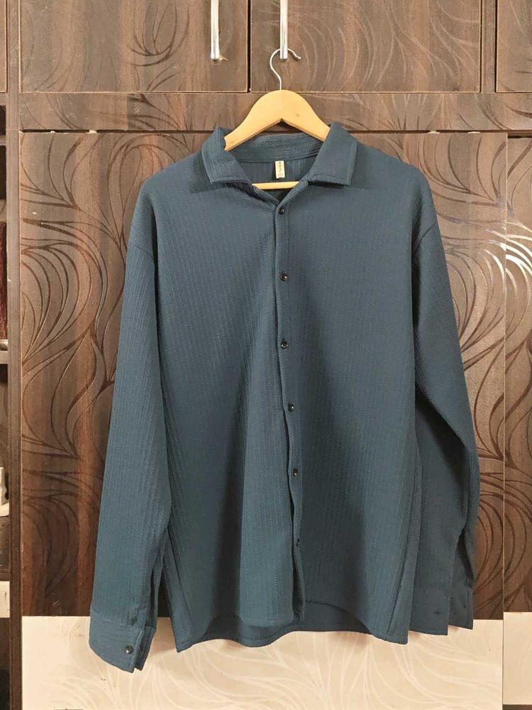 Men's Teal Textured Oversized Button-Up Shirt