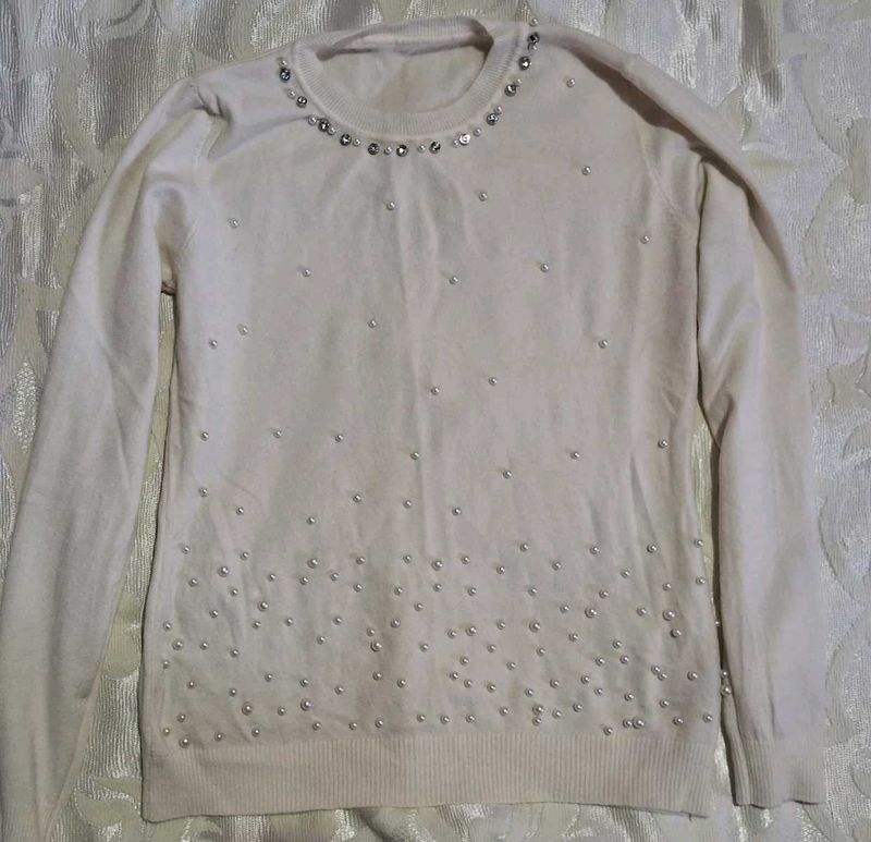 Cream Pearl Embellished Sweater