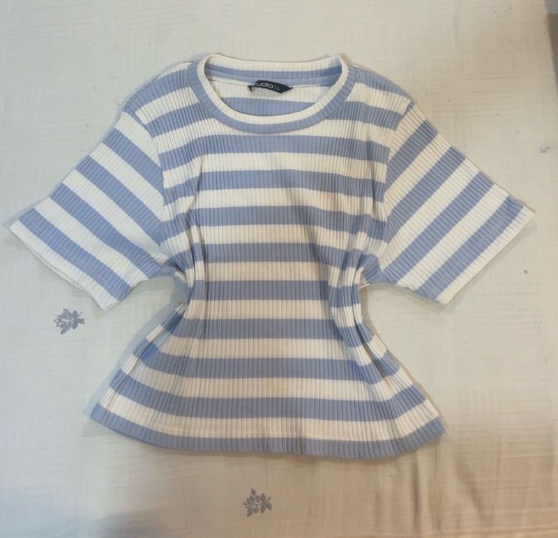 Striped Ribbed Short Sleeve Crop Top