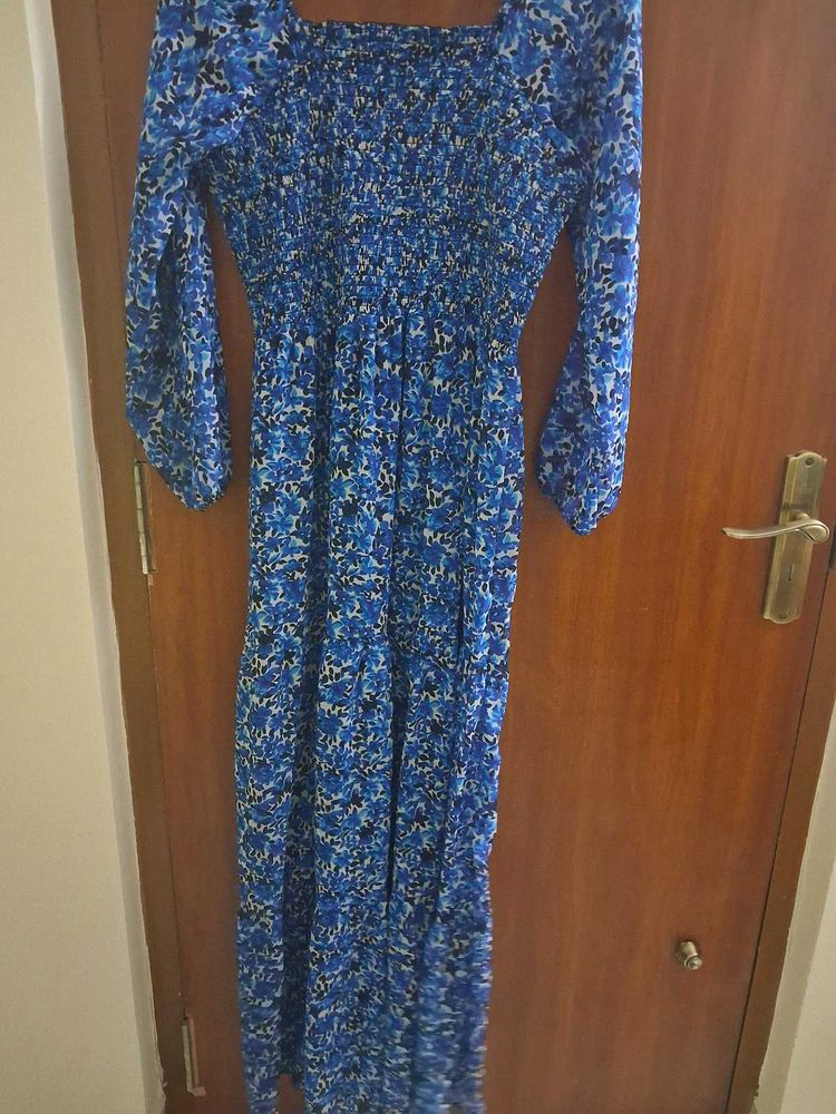Blue Floral Smocked Square Neck Maxi Dress
