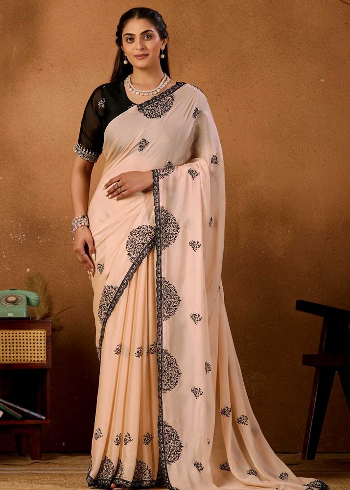 Elegant Peach Saree with Black Embroidery