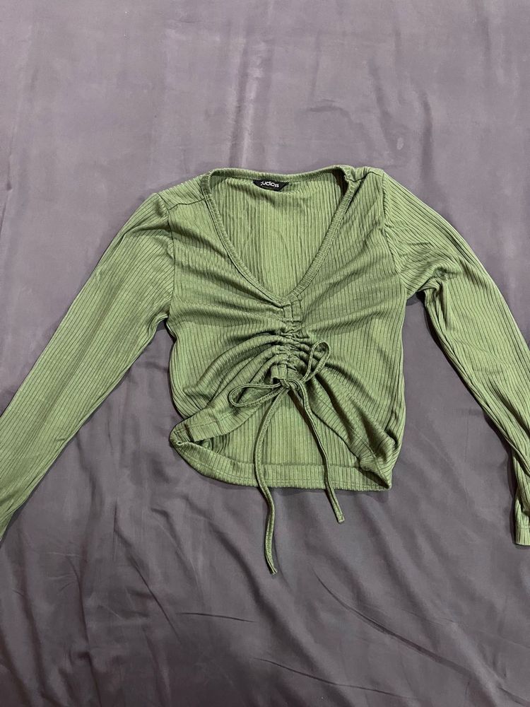 Ruched V-Neck Ribbed Long Sleeve Top