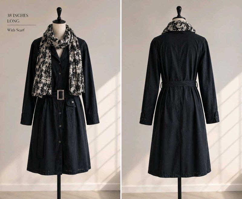 Chic Black Trench Coat with Scarf