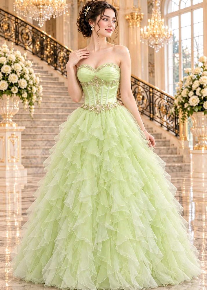 Exquisite Light Green Ruffled Gown 💚