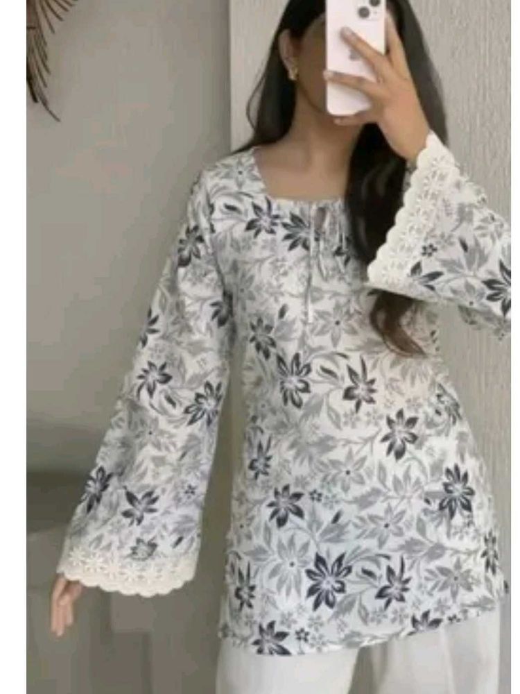 Floral Print Kurta with Lace Sleeves
