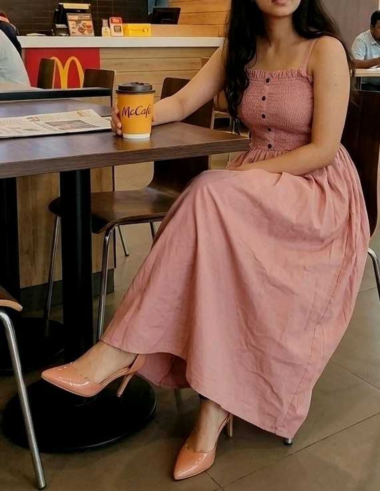 peach Smocked Fit &amp; Flare Dress - Stretchable
