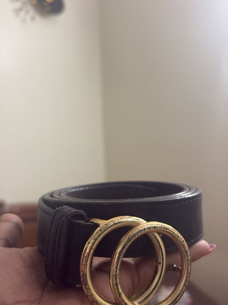 Stylish Black Belt with Gold Double G Buckle