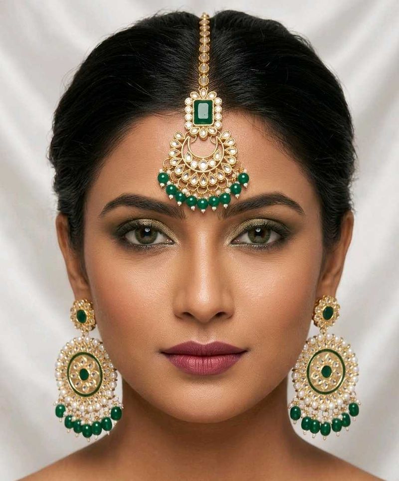 Stunning Green &amp; Gold Maang Tikka &amp; Earrings Set