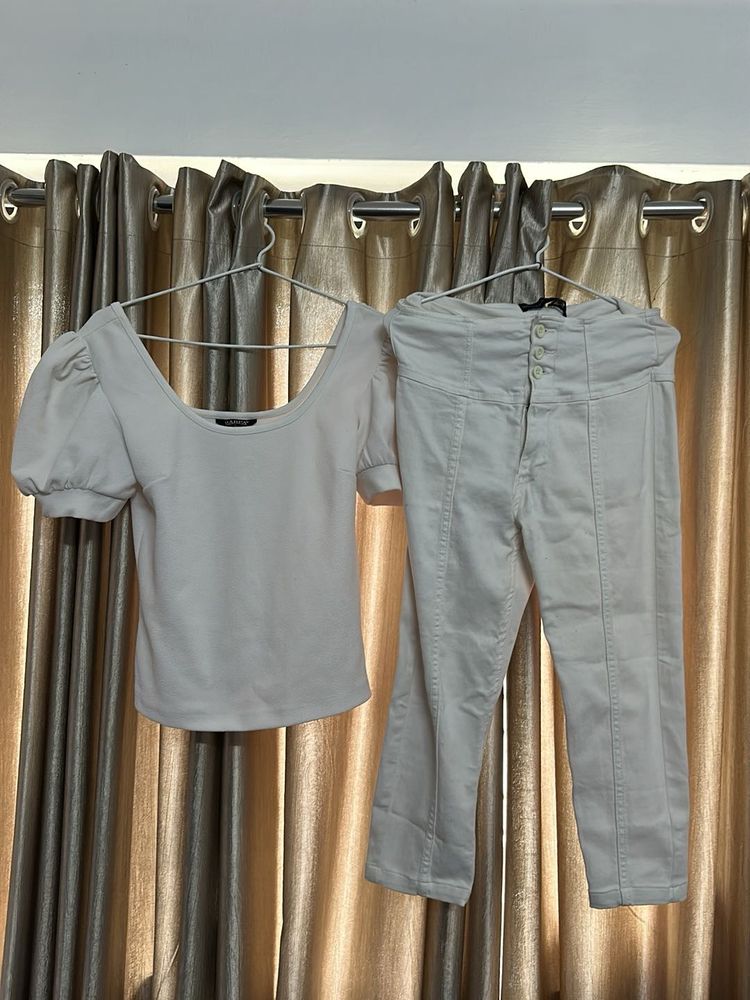 White Puff Sleeve Top &amp; High Waist Pants Set