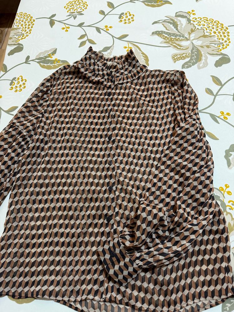 Geometric Print High Neck Blouse