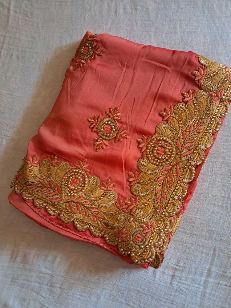 Elegant Peach Embroidered Saree