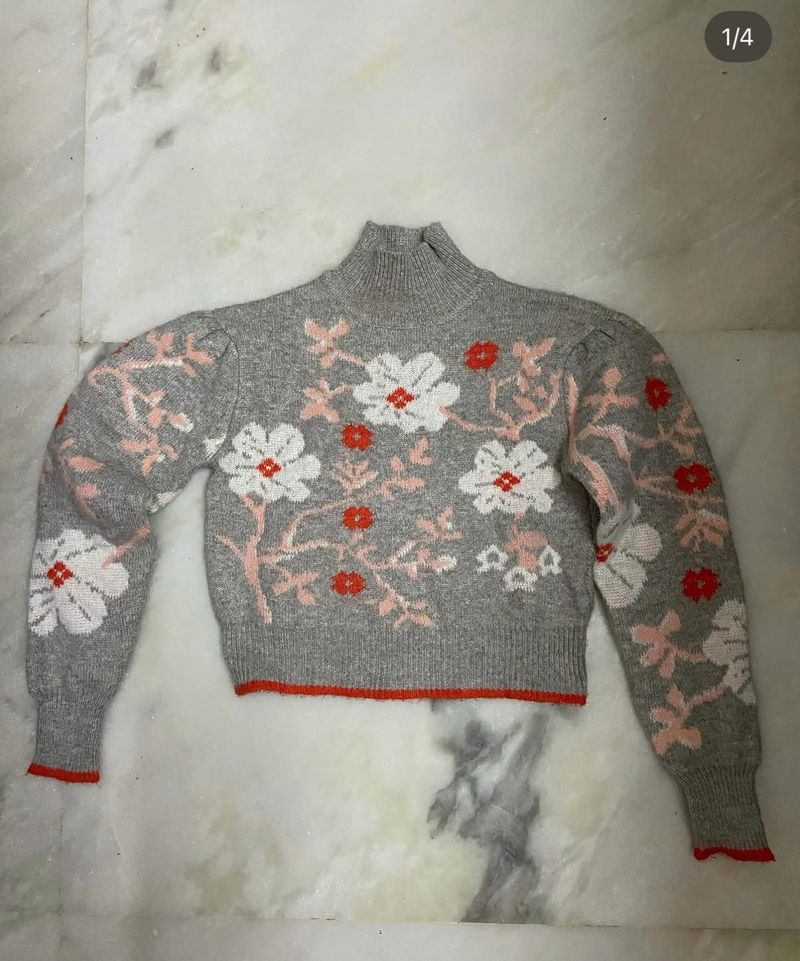 Gray Floral Mock Neck Sweater