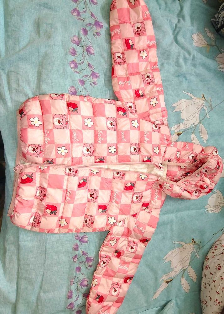 Cute Pink Bear &amp; Strawberry Print Jacket