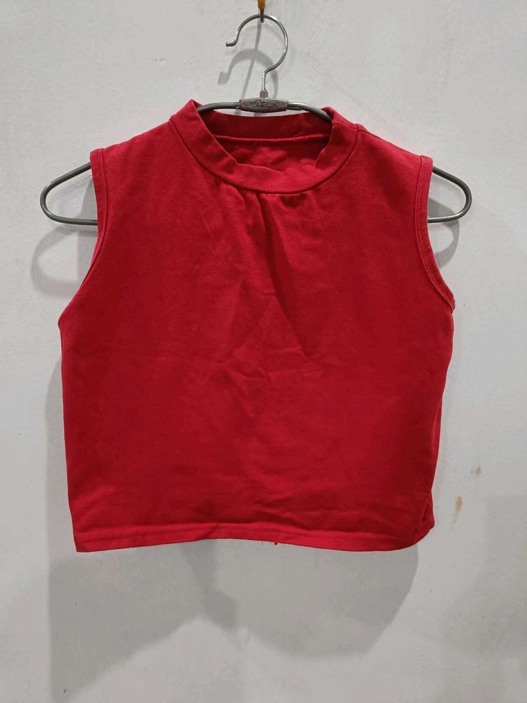 Red Sleeveless Mock Neck Crop Top Size-S