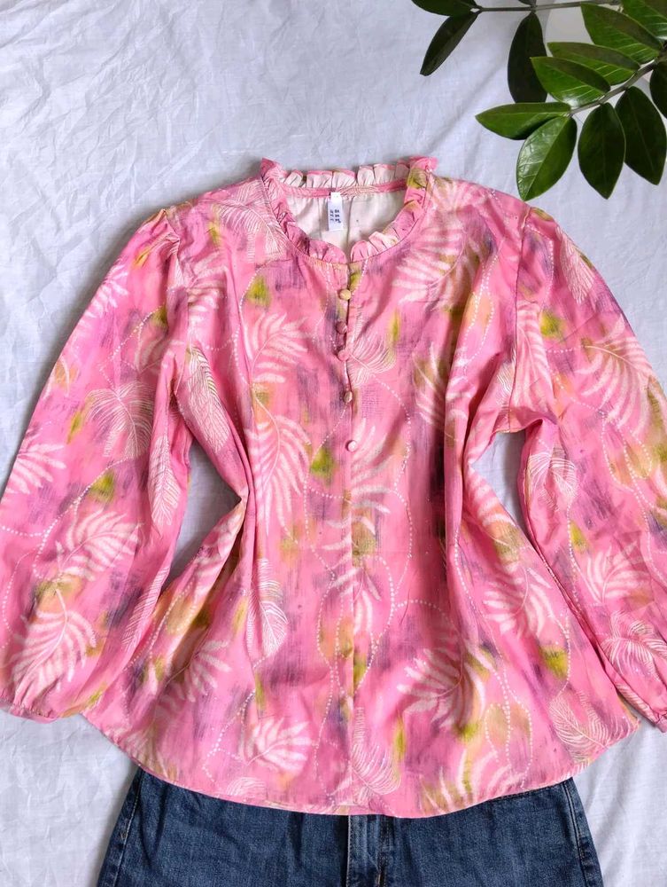 Shimmery Pink Tropical Print Blouse