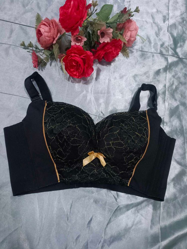 Elegant Black Lace Bra with Golden Trim