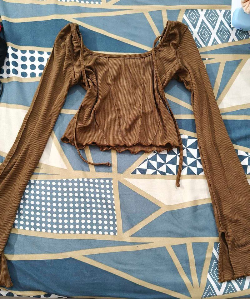 Brown Ribbed Long Sleeve Crop Top