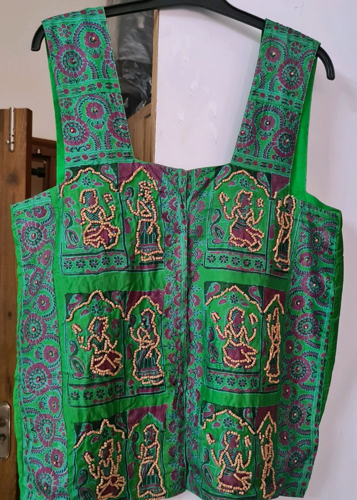 Ethnic silk printed jacket with wooden bead work