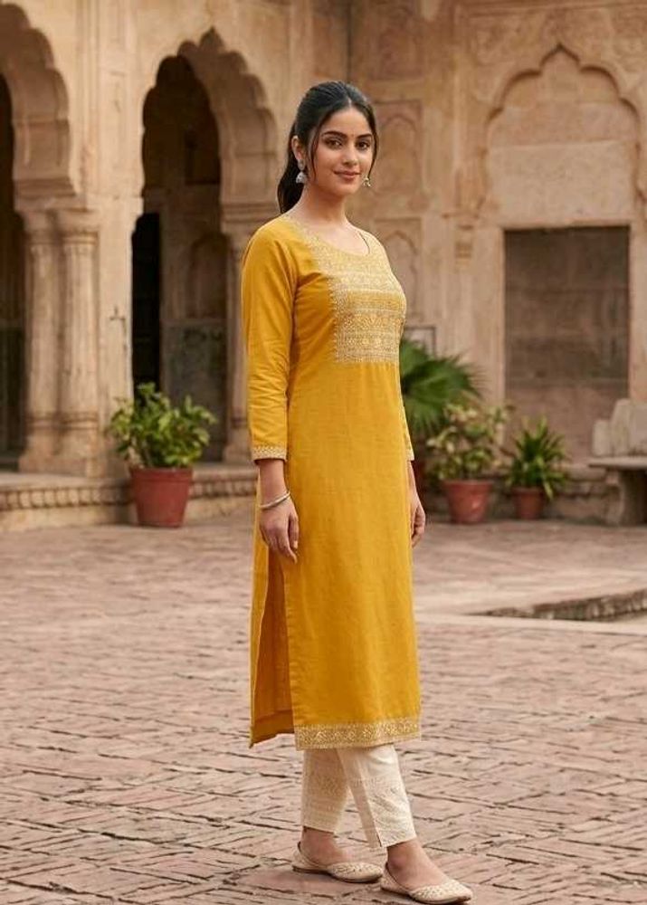 Mustard Embroidered Ethnic Kurta