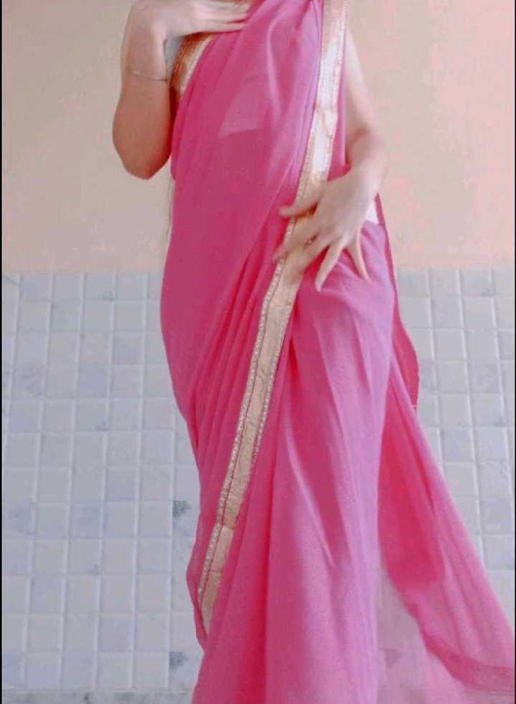 Elegant Pink Saree with Golden Border