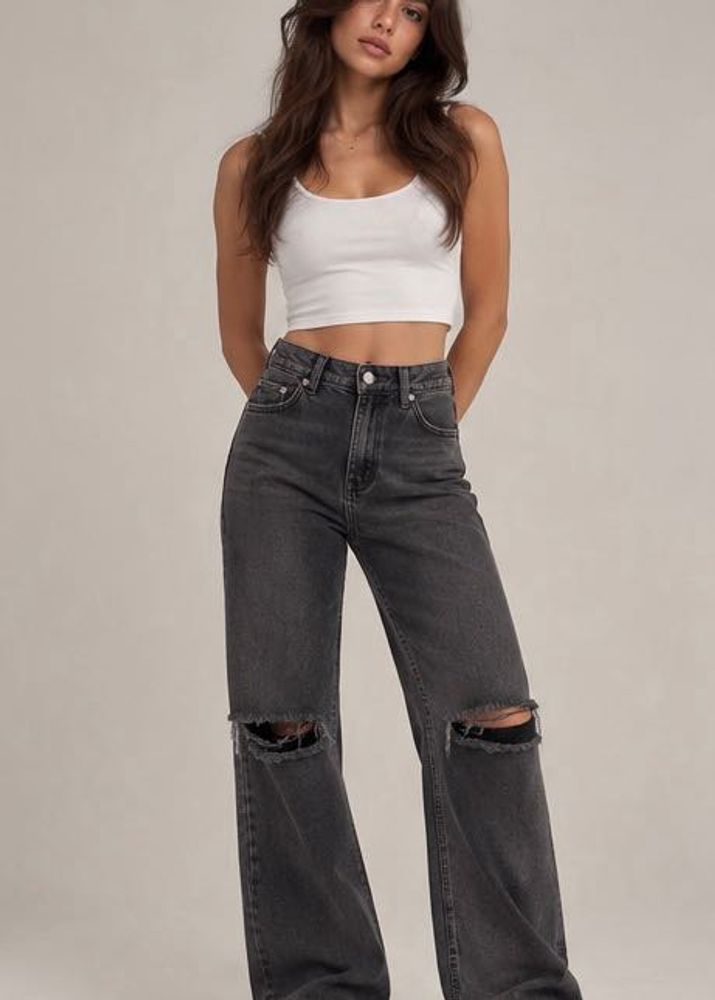 Charcoal Black High-Waisted Ripped Wide-Leg Jeans