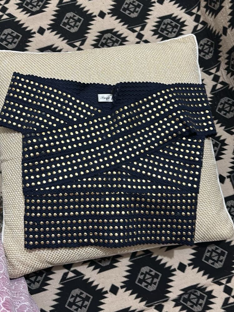 Stylish Navy &amp; Gold Embellished Off Shoulder Top