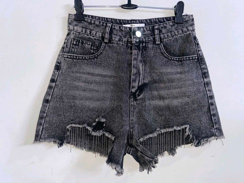 Distressed Denim Shorts with Rhinestone Fringe