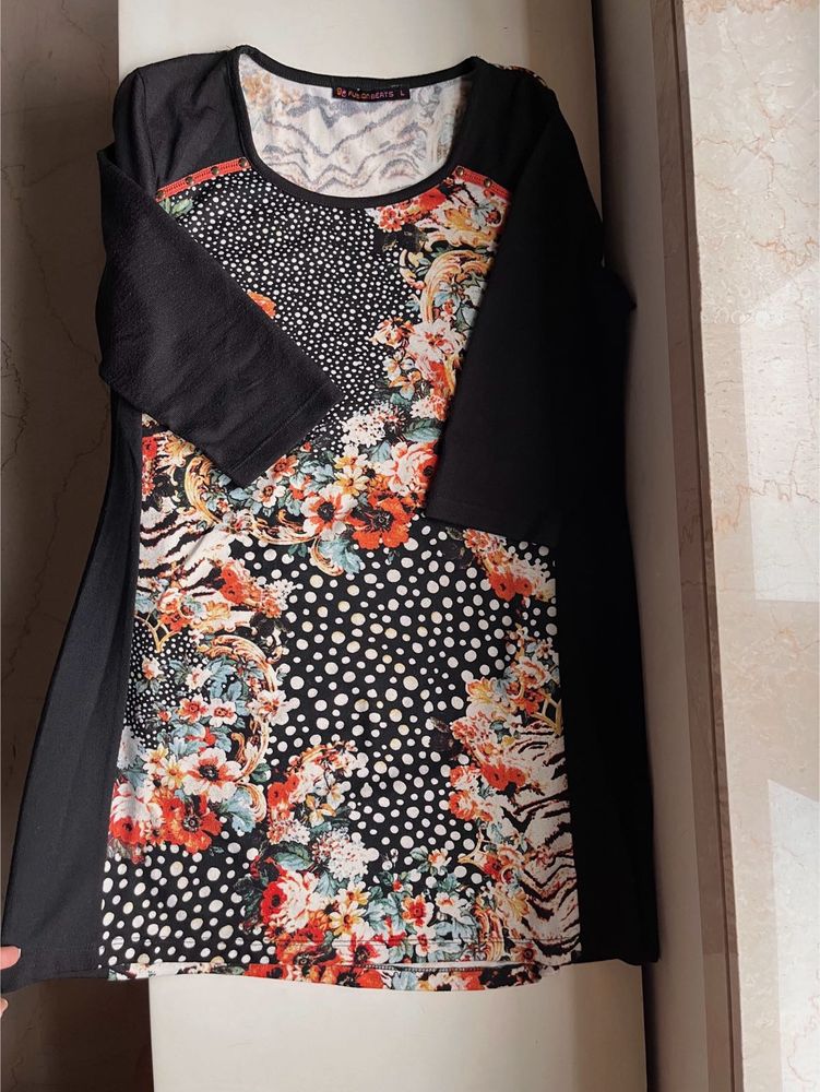Boho Floral Print Black Top