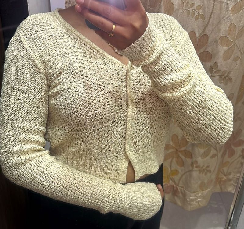 Cream Knit Button-Up Cropped Sweater