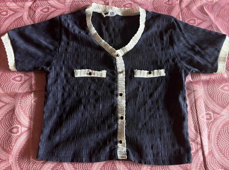 Chic Navy Blue Textured Button-Up Top