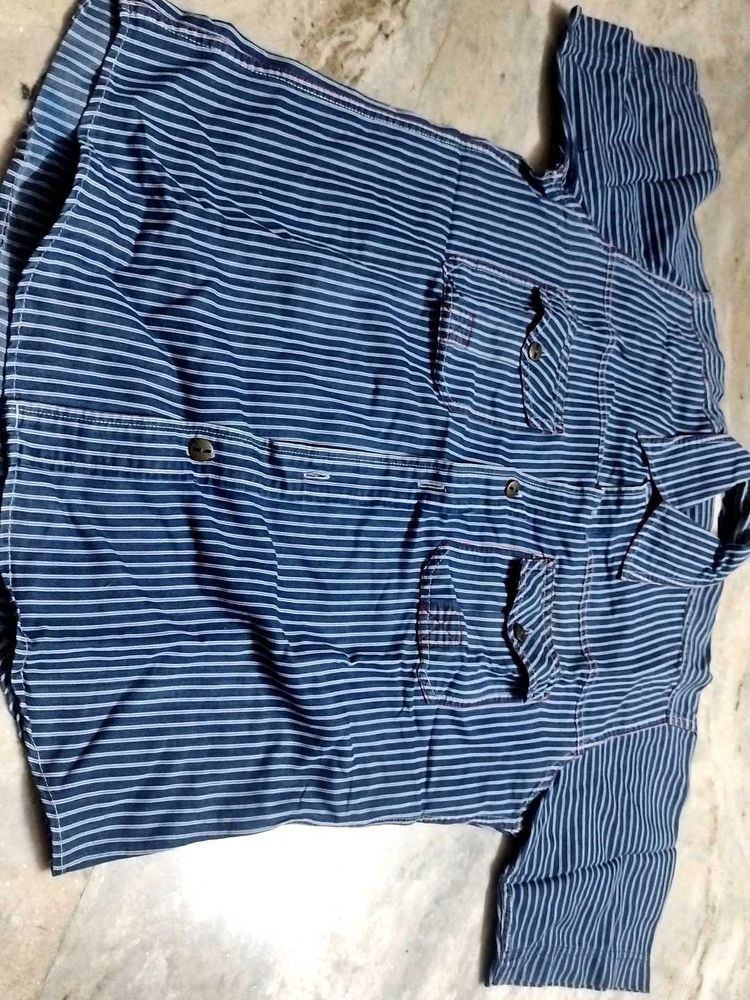 Blue &amp; White Striped Button-Up Chore Shirt Jacket