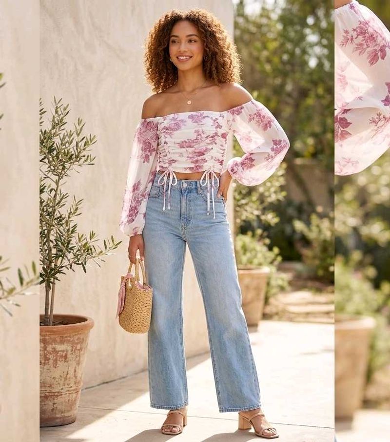 Off-Shoulder Floral Print Ruched Top