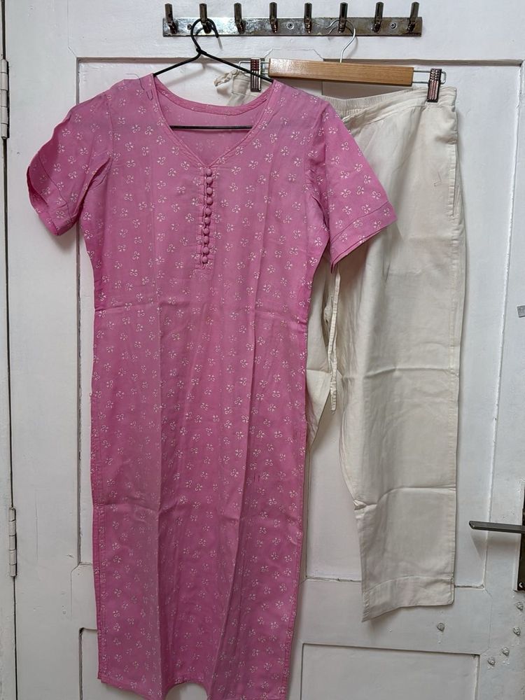 Pure cotton Floral pink Kurta pant set
