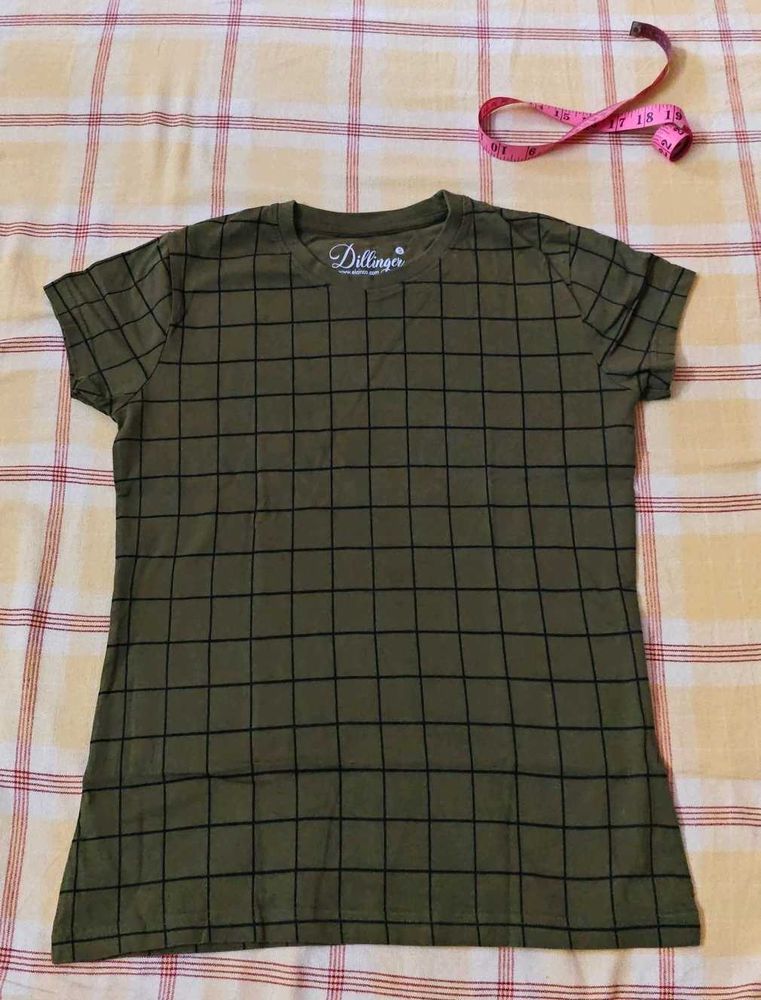 Olive Green Grid Print T-Shirt
